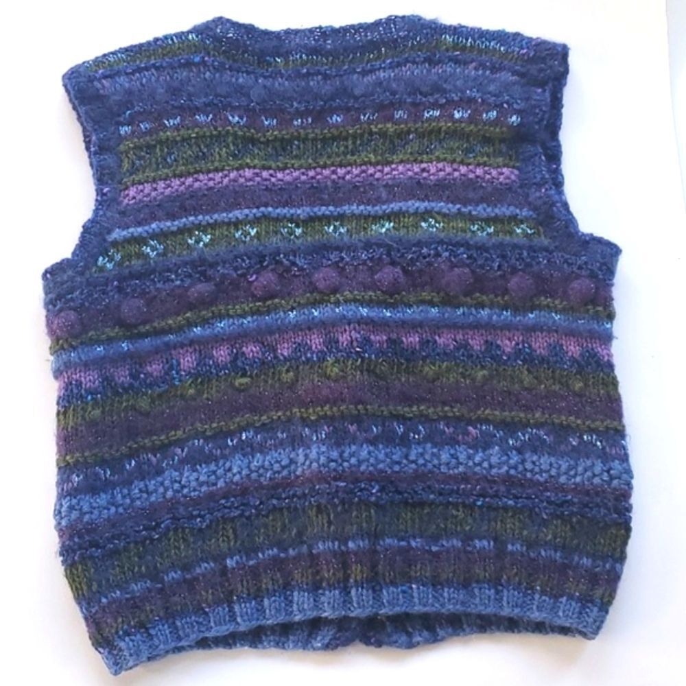 HANDMADE HANDKNIT SWEATER VEST BUTTON UP BLUE PURPLE GREEN ACADEMIA SMALL - Picture 2 of 10